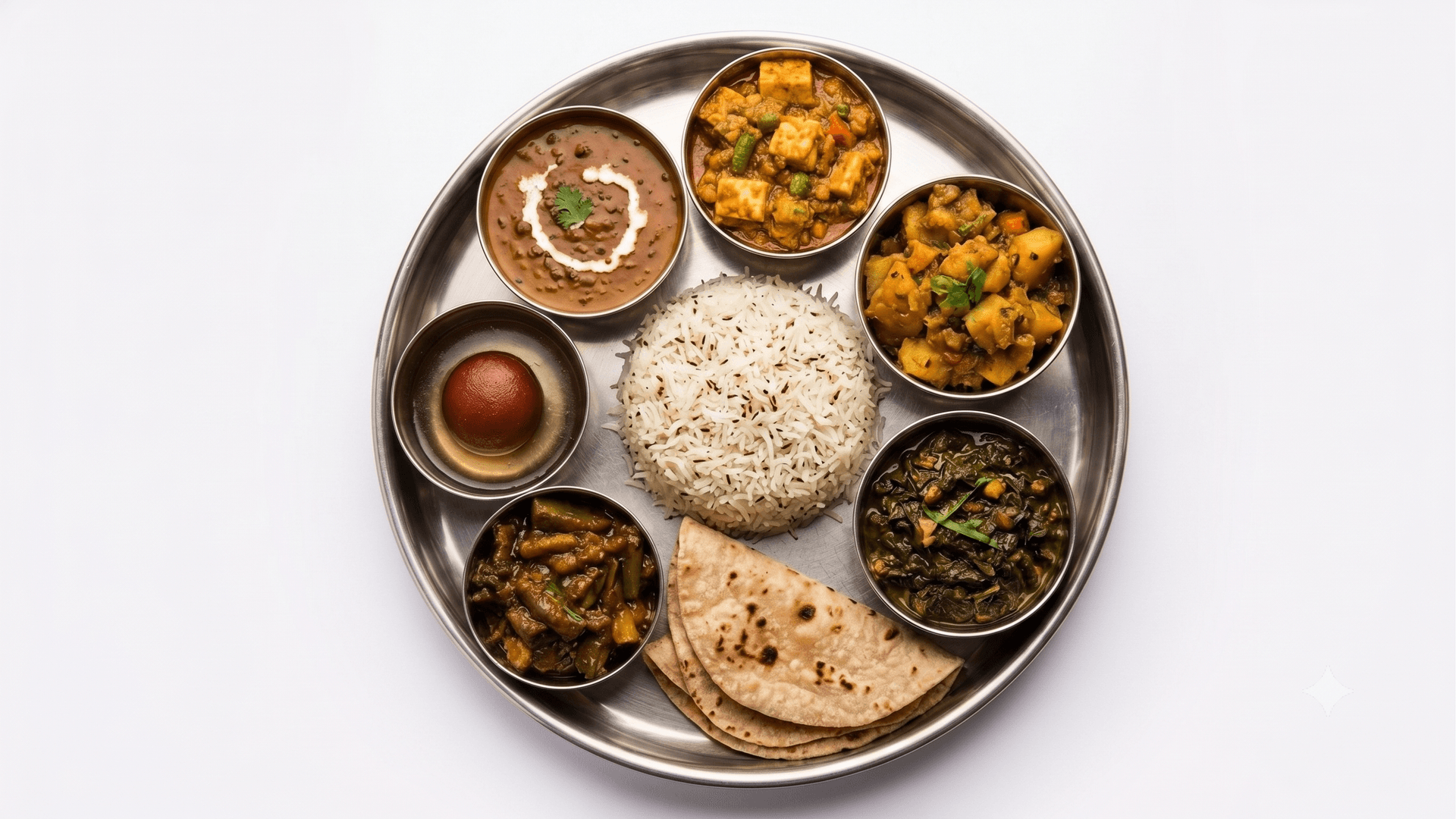 Fresh home-style North Indian thali with roti, rice, sabji, dal and salad — Khanawalas daily meal subscription